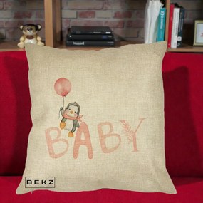 Perna Personalizata Baby Pinguin Roz, 40x40 cm, Crem, Husa Detasabila, Perna Inclusa, BEKZ®