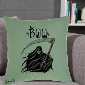 Perna Decorativa Halloween Boo Grim Reaper cu Coasa, 40x40 cm, Verde, Husa Detasabila, Perna Inclusa, BEKZ®