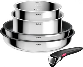 Set de tigaii si cratite Tefal L881S504, 5 piese, Otel inoxidabil, Acoperire antiaderenta din titan, Rezistente la cuptor pana la 250°C, Maner detasabil, Inductie, Argintiu