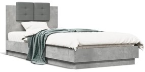 3210027 vidaXL Cadru de pat cu tăblie și lumini LED, gri beton, 100x200 cm