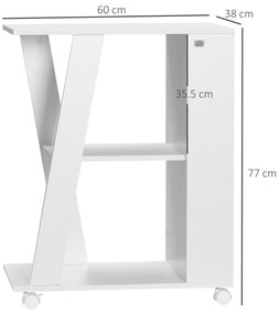 HOMCOM Cărucior Bucătărie din Lemn, 2 Rafturi Deschise, Pe Roti, Design Pragmatic, Alb 60x38x77cm | Aosom Romania