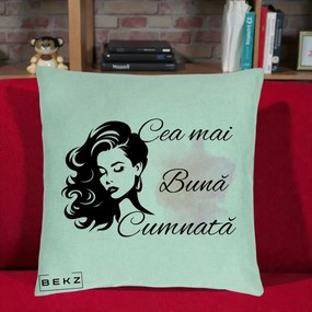 Cadou pentru Cumnata - Perna Personalizata Cea mai Buna Cumnata cu Silueta Dama si Pete Roz, 40x40 cm, Verde Menta, Husa Detasabila, Perna Inclusa, BEKZ®