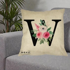 Cadou Personalizat - Perna Personalizata Monograma Florala Litera W cu Trandafiri si Anemona, 40x40 cm, Crem, Husa Detasabila, Perna Inclusa, BEKZ®