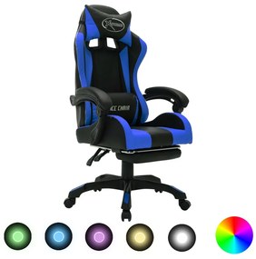 Scaun de jocuri cu LED RGB, albastru si negru, piele ecologica Albastru si negru, Cu suport de picioare, 1