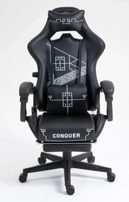 Scaun gaming, ergonomic, perna lombara cu masaj, suport lombar reglabil, spătar reglabil 90-155°, suport pentru picioare, piele PU, Negru/Alb