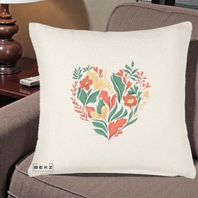 Perna Decorativa Inima Florala Botanica, 40x40 cm, Crem Reliefat, Husa Detasabila, Perna Inclusa, BEKZ®