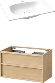 Set dulap baza suspendat KolpaSan Storia 2 sertare 80 cm finisaj acacia cu lavoar compozit Kerrock alb