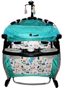 Patut Pliant rotund cu balansoar, Tarc copii Baby Care™ ROUND NEST, Pliabil pe 2 Niveluri cu muzica si Masa infasat, Jucarie Carusel cu jucarii din