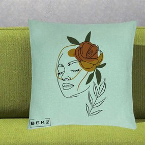 Perna Decorativa Portret Feminin Trandafir Ruginiu, 40x40 cm, Verde Menta, Husa Detasabila, Perna Inclusa, BEKZ®