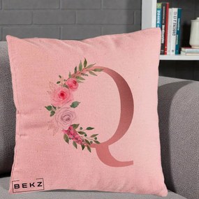 Cadou Personalizat - Perna Personalizata Monograma Rose Gold Litera Q, 40x40 cm, Roz, Husa Detasabila, Perna Inclusa, BEKZ®