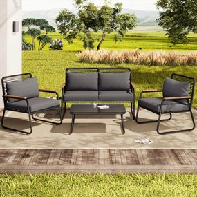 Set de lounge pentru grădină pentru 4 persoane, cu canapea dublă, 2 canapele individuale și 1 măsuță de cafea, Negru