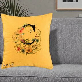 Cadou Personalizat - Perna Personalizata Monogram Litera C cu Flori Acuarela, 40x40 cm, Galben, Husa Detasabila, Perna Inclusa, BEKZ®
