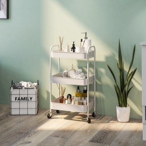 HOMCOM Cărucior pentru Depozitare pe 3 Nivele și Roți cu Frâne, Cărucior Rulant cu 3 Coșuri din Plasă, 45x30,6x79 cm, Alb | Aosom Romania