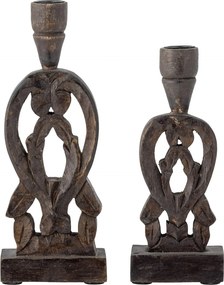 Set 2 suporturi pentru lumânări din lemn de mango maro cu model de frunze sculptat, 9×21,5×9 cm / 5×25,5×10 cm, „Bernie"