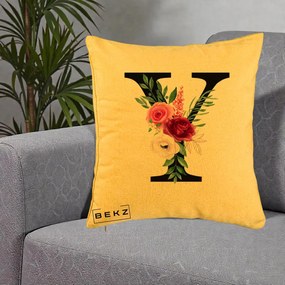 Cadou Personalizat - Perna Personalizata Monograma Florala Litera Y cu Buchet, 40x40 cm, Galben, Husa Detasabila, Perna Inclusa, BEKZ®
