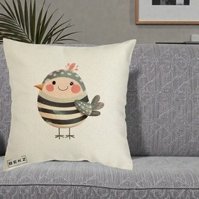 Perna Decorativa Pui Kawaii Teal cu Flori, 40x40 cm, Ecru, Husa Detasabila, Perna Inclusa, BEKZ®