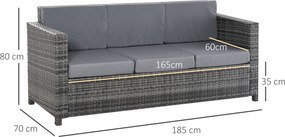 Outsunny Canapea de Exterior cu 3 Locuri din Ratan PE, Canapea cu Perne Detasabile și Structură Metalică pentru Grădină, Terasă și Balcon, 185x70x80 cm, Gri | Aosom Romania