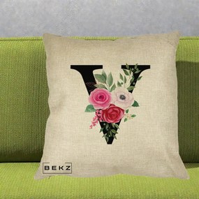 Cadou Personalizat - Perna Personalizata Monograma Florala Litera V cu Buchet, 40x40 cm, Crem, Husa Detasabila, Perna Inclusa, BEKZ®
