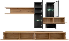 Mobila Living sufragerie moderna , pal stejar  negru, cu vitrine sticla , lumini led alb,deschidere usi prin apasare-push open, 280 cm lungime x 45 cm