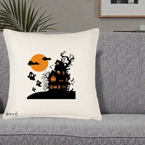 Perna Decorativa Halloween Casa Bantuita cu Fantome, 40x40 cm, Crem Reliefat, Husa Detasabila, Perna Inclusa, BEKZ®