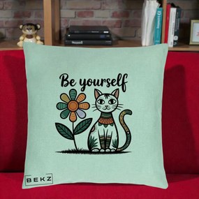 Perna Personalizata Be Yourself Pisica Folk, 40x40 cm, Verde Menta, Husa Detasabila, Perna Inclusa, BEKZ®