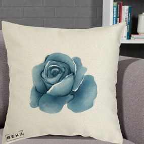 Perna Decorativa Trandafir Albastru Acuarela, 40x40 cm, Ecru, Husa Detasabila, Perna Inclusa, BEKZ®