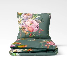 Lenjerie de pat din bumbac satinat pentru pat dublu Bonami Selection Floret, 200 x 220 cm, verde închis