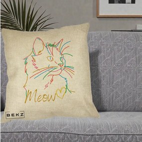 Perna Personalizata Pisica Meow Arta Linie Colorata, 40x40 cm, Crem, Husa Detasabila, Perna Inclusa, BEKZ®