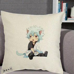 Perna Personalizata Gintama Gintoki Chibi Pisica, 40x40 cm, Ecru, Husa Detasabila, Perna Inclusa, BEKZ®