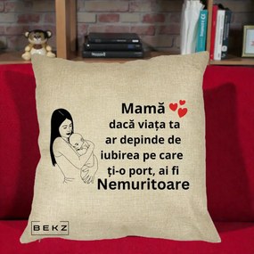 Cadou pentru Mama - Perna Personalizata Mama Nemuritoare Linie, 40x40 cm, Crem, Husa Detasabila, Perna Inclusa, BEKZ®