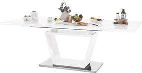Masă dining, pliabilă, alb luciu extra ridicat / oţel, 160-220x90 cm, PERAK