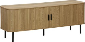 Comoda TV Scandira din MDF, culoare naturala, cu picioare metalice negre, 150 x 45 x 57.5 cm
