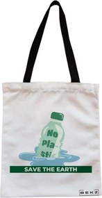 Sacosa de Panza pentru Cumparaturi, Geanta Tote, model No plastic - Save the earth, Cu fermoar, 38x34.5 cm, Alba, BEKZ®
