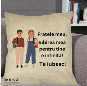 Cadou pentru Frate - Perna Personalizata Fratele Meu Te Iubesc Elevi Ilustratie Colorata, 40x40 cm, Crem, Husa Detasabila, Perna Inclusa, BEKZ®