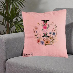 Cadou Personalizat - Perna Personalizata Monogram Litera I cu Flori Acuarela, 40x40 cm, Roz, Husa Detasabila, Perna Inclusa, BEKZ®