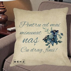 Cadou pentru Nas - Perna Personalizata Pentru Cel mai Minunat Nas Cu drag Finii, 40x40 cm, Crem, Husa Detasabila, Perna Inclusa, BEKZ®
