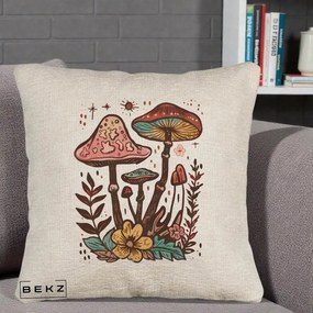 Perna Decorativa Ciuperci Boho Multicolore, 40x40 cm, Bej Canapea, Husa Detasabila, Perna Inclusa, BEKZ®