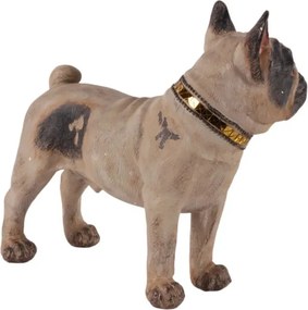Statuetă decorativă din polirășină, buldog francez crem cu pete maro și zgardă aurie, 30 x 32 x 15,5 cm, „Bastien”