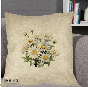 Perna Decorativa Buchet Margarete Albe Acuarela, 40x40 cm, Crem, Husa Detasabila, Perna Inclusa, BEKZ®