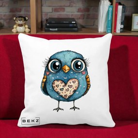 Perna Decorativa Bufnita Albastra cu Inimioare, 40x40 cm, Alba Mata, Husa Detasabila, Perna Inclusa, BEKZ®