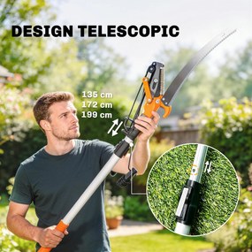 Outsunny Ferăstrău Manual 2-în-1 cu Tijă Telescopică din Aluminiu de 2-3 m, Ferăstrău de Tăiere și Foarfece cu Blocare de Siguranță | Aosom Romania