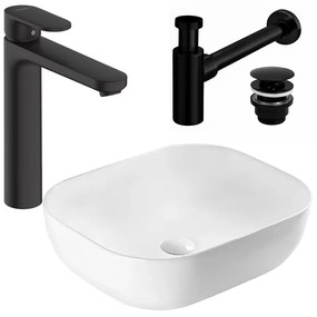 Pachet lavoar pe blat Rea Belinda alb 46.5 cm, baterie lavoar Hansgrohe Vernis Blend negru si ventil lavoar Click-Clack negru