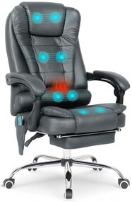 Scaun directorial cu Masaj si Incalzire, functie sezlong, suport picioare, piele PU, Gri