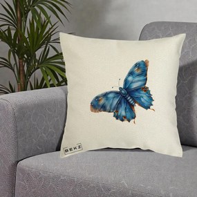 Perna Decorativa Fluture Albastru Satin cu Pete Aurii, 40x40 cm, Ecru, Husa Detasabila, Perna Inclusa, BEKZ®