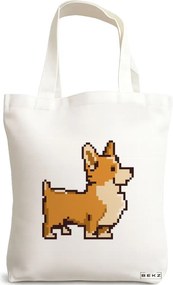Sacosa de Panza pentru Cumparaturi, Geanta Tote, model 8bit Doggo, 38x34.5 cm, Alba, BEKZ®