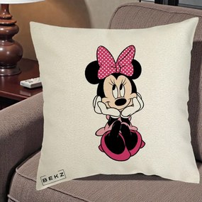 Perna Personalizata Minnie Mouse cu Fundita, 40x40 cm, Ecru, Husa Detasabila, Perna Inclusa, BEKZ®
