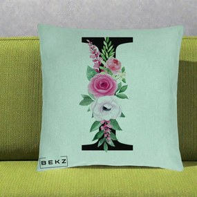 Cadou Personalizat - Perna Personalizata Monograma Florala Litera I, 40x40 cm, Verde Menta, Husa Detasabila, Perna Inclusa, BEKZ®