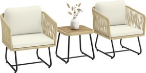 Outsunny Set bistro din ratan 3 piese FSC set mobilier de grădină cu 2 fotolii, masă din lemn cu lamele, perne groase lavabile, cadru din oțel | Aosom Romania