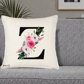 Cadou Personalizat - Perna Personalizata Monograma Florala Litera Z cu Buchet, 40x40 cm, Crem Reliefat, Husa Detasabila, Perna Inclusa, BEKZ®