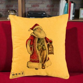 Perna Decorativa Mos Craciun Vintage cu Felinar, 40x40 cm, Galben, Husa Detasabila, Perna Inclusa, BEKZ®